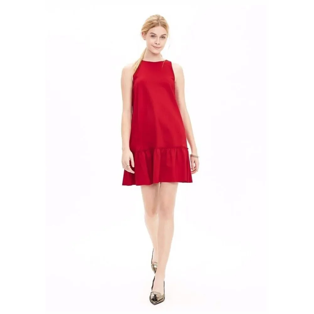 Banana Republic Mini Dress Petite Size 12P Red Sleeveless Ponte Knit Ruffle Hem - Picture 2 of 12